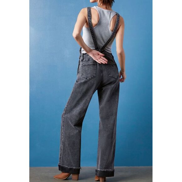 Wash Lab Storm Grey Overalls Sz‎ M NWT Wide Legs Rolled Frayed Hem WL1136J - Picture 3 of 16